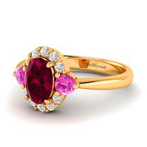 Ruby Three Stone Engagement Ring with Pink Sapphire and Diamond Accents