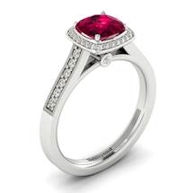 Cushion Cut Ruby with Accent Diamonds on 18k White Gold Band