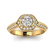 Yellow Gold Diamond Halo Engagement Ring Meneka with Double Diamond Channels
