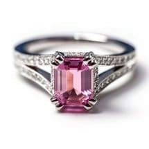 Pink sapphire engagement ring with split shank with accent stones along the band
