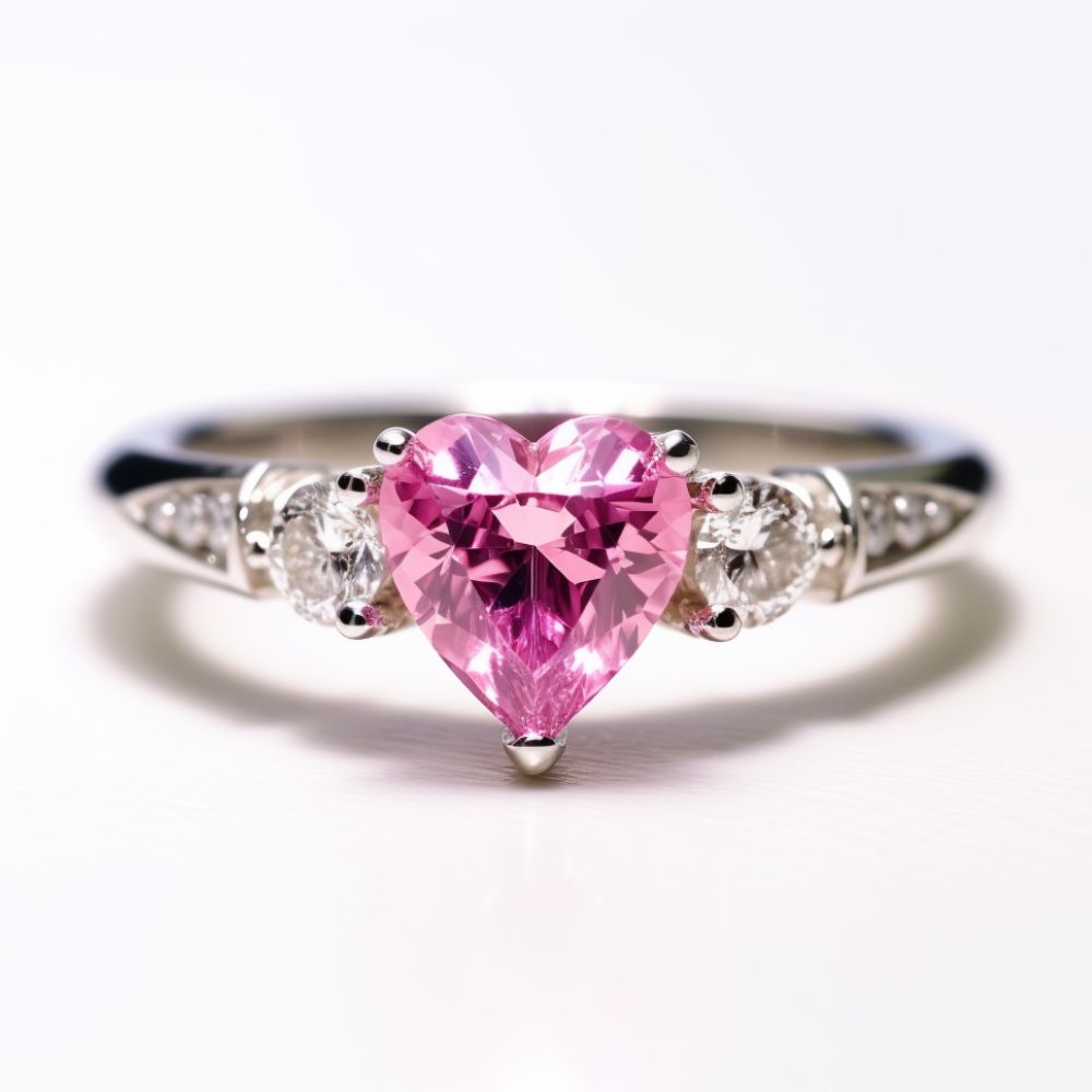 Heart shaped pink sapphire engagment ring with diamond side and accent stones