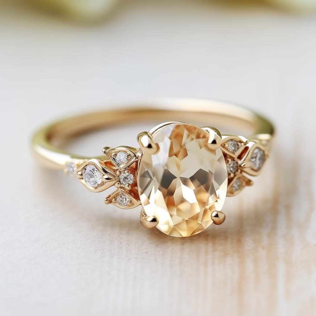 peach sapphire engagement ring with side stone in a yellow gold band