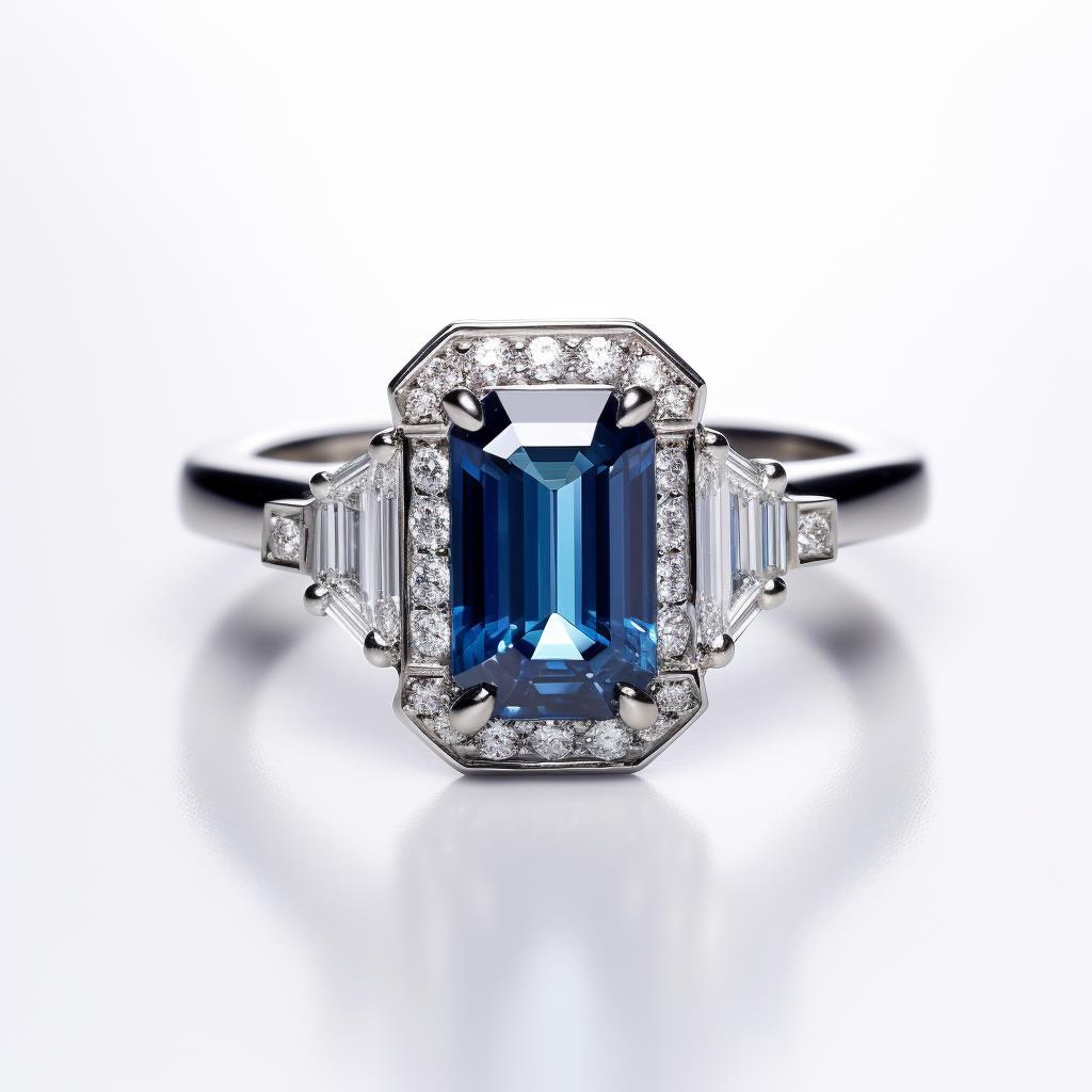 Octagon shape blue sapphire engagement ring surrounded by accent stones