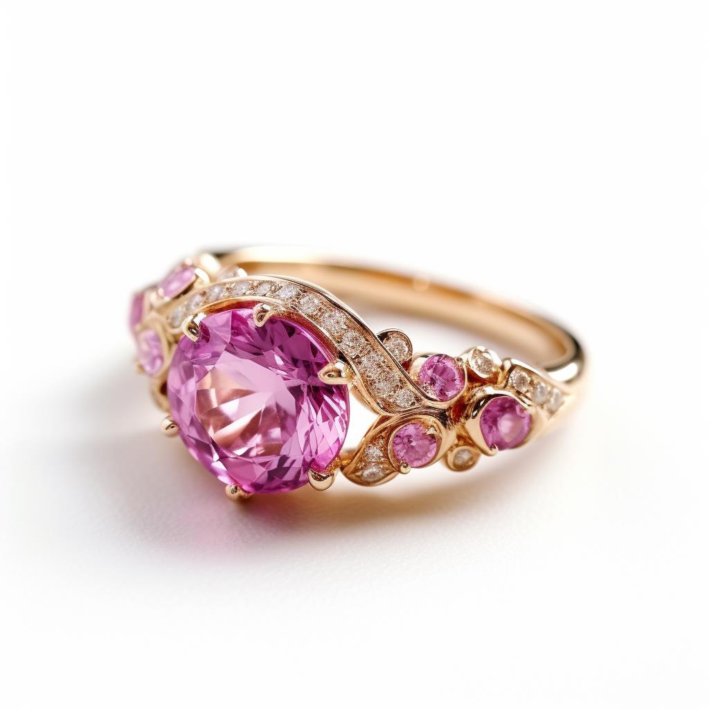 Pink sapphire engagement ring in a yellow gold metal band