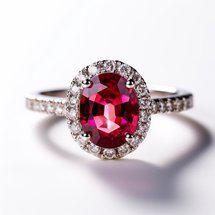 Ruby engagement ring in oval setting with prong set band style