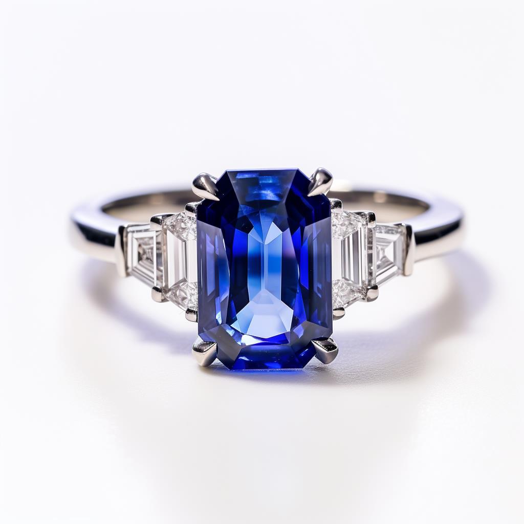 Blue sapphire three stone engagement ring with diamond side stones