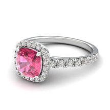 Sapphire Engagement Ring 6mm Cushion Cut Pink Sapphire in White Gold with White Cluster Stones