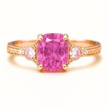 18K rose gold ring with cushion pink sapphire, diamond-accented leaf band by Brilliyond Jewellery, side view.