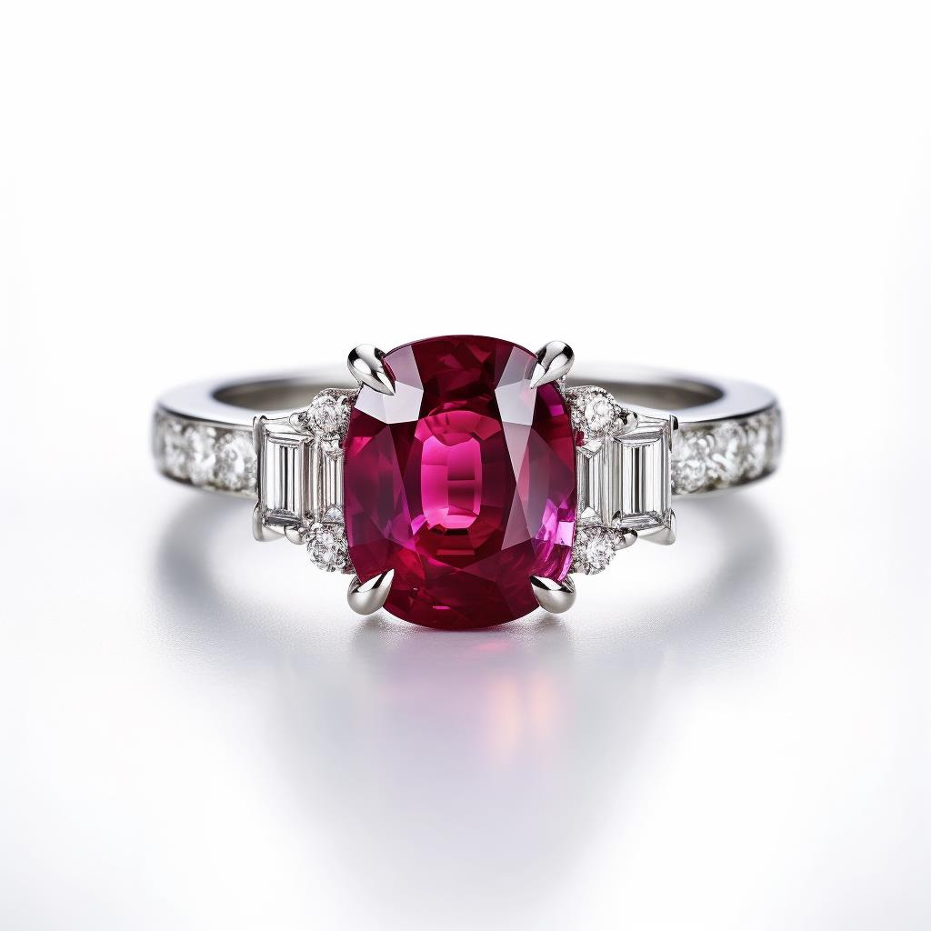 Ruby Engagement Ring with natural Diamond side stones in white gold setting