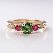 Green Zircon and Pink Sapphire Ring 9K Yellow Gold Camelia