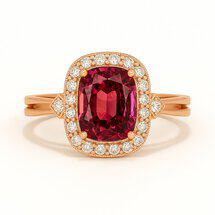 Side view of 18K rose gold split band ring with oval ruby center and diamond halo – Rosalynne design