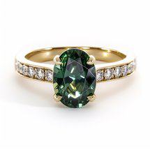 Green Sapphire engagement ring oval shape with bezel set metal band