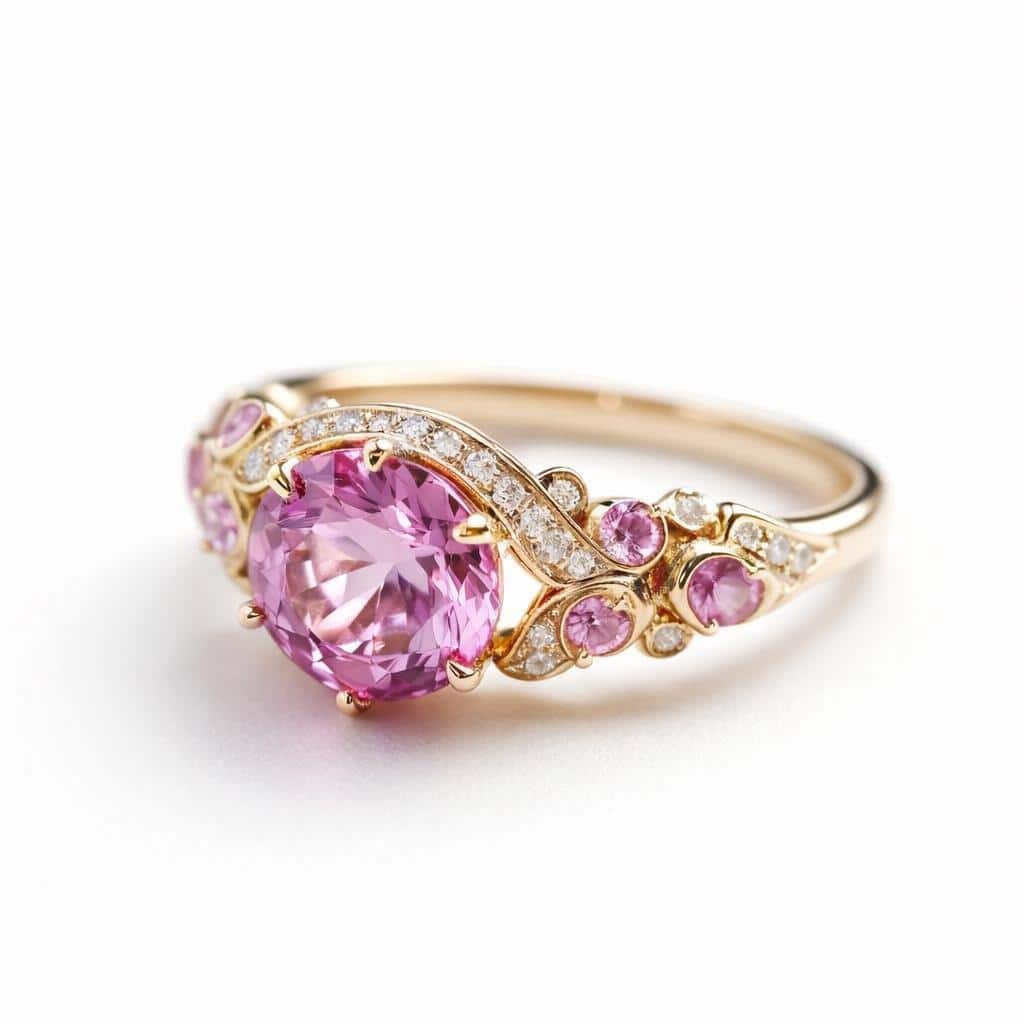 Pink sapphire engagement ring in a yellow gold metal band
