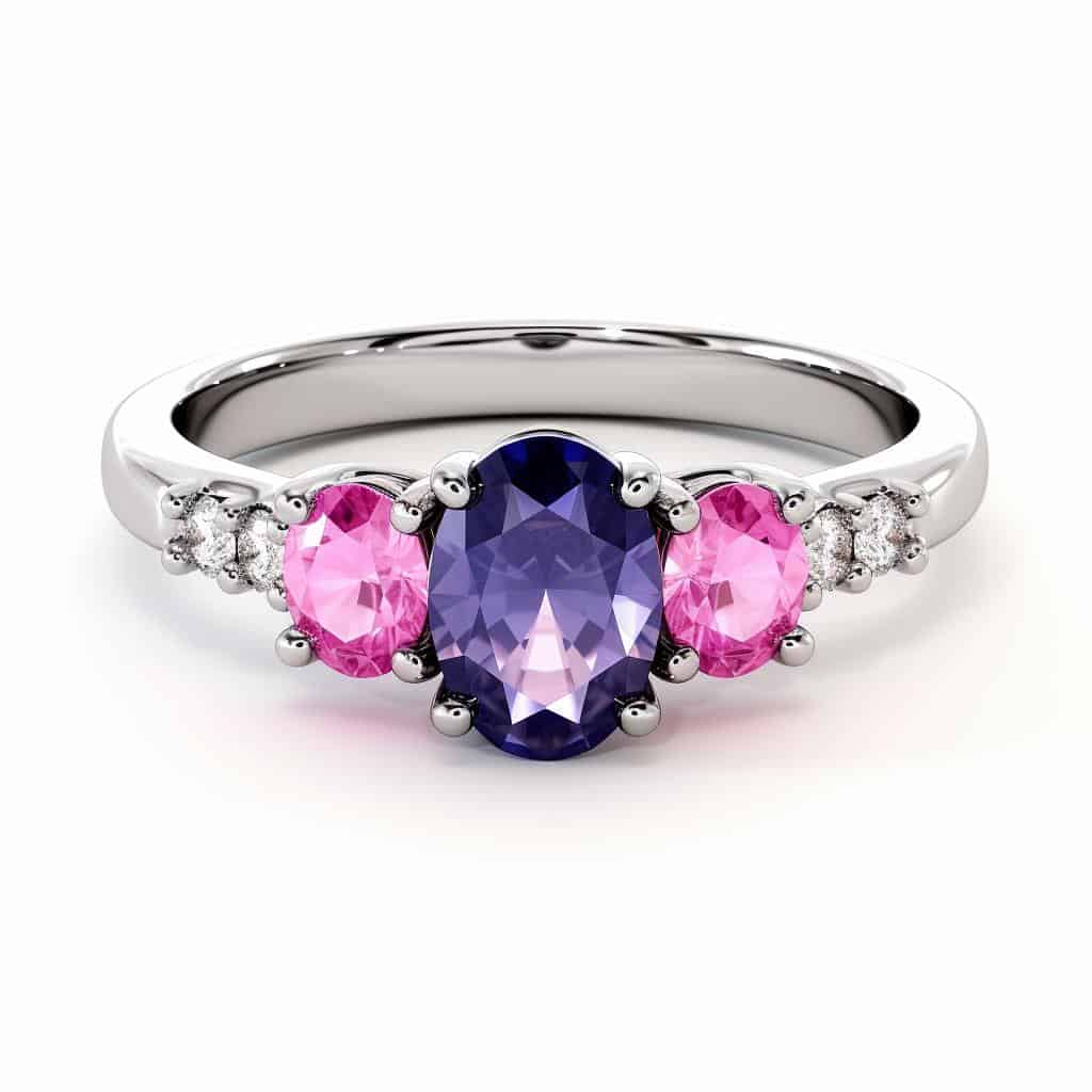 Blue Sapphire Engagement Ring with Pink Sapphire Side Stones