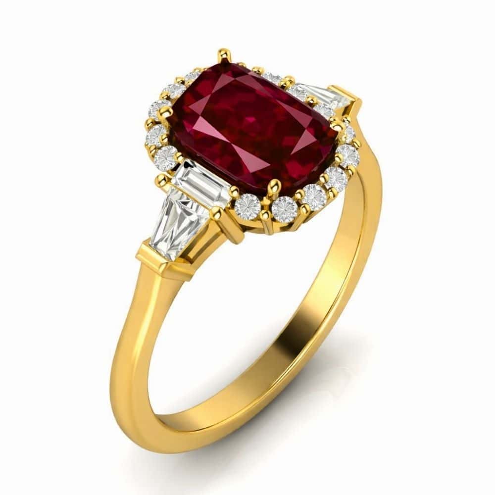 Pigeon Blood Ruby 1ct Engagement Ring 18K Gold Halo Baguette Shoulders – Octavia Radiance_image2