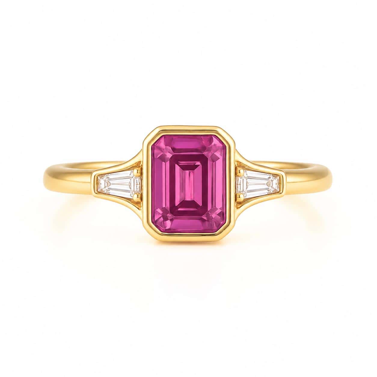 Pink Sapphire Octagon Step Cut Engagement Ring with Side Diamonds 18K Gold – The Rosella_image3