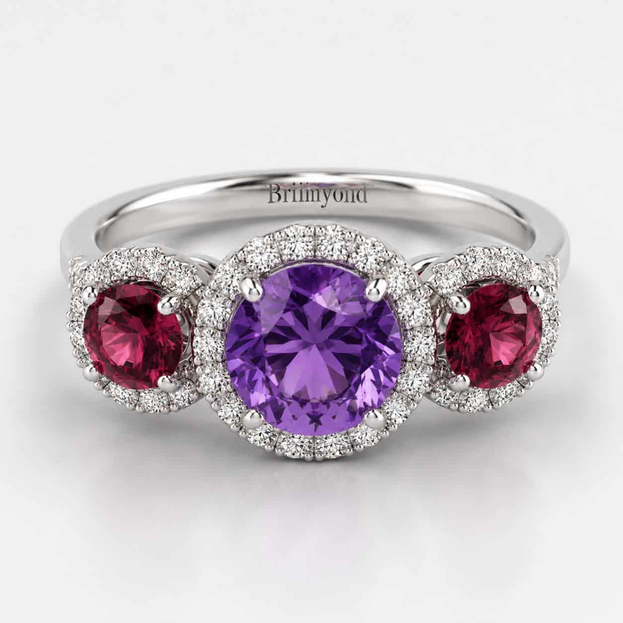 Amethyst White Gold Three Stone Engagement Ring Springtime