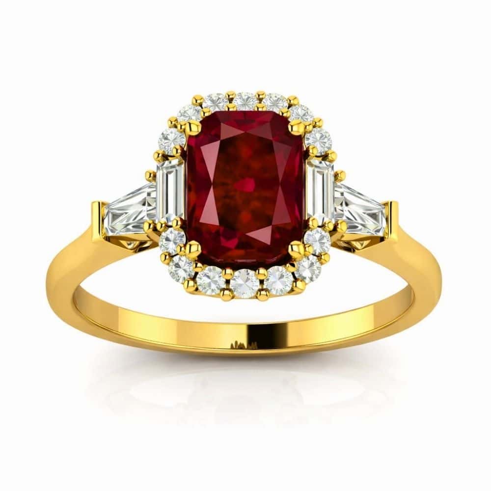Pigeon Blood Ruby 1ct Engagement Ring 18K Gold Halo Baguette Shoulders – Octavia Radiance_image1