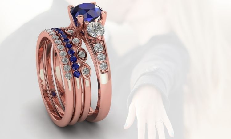 blue sapphire rose gold bridal set