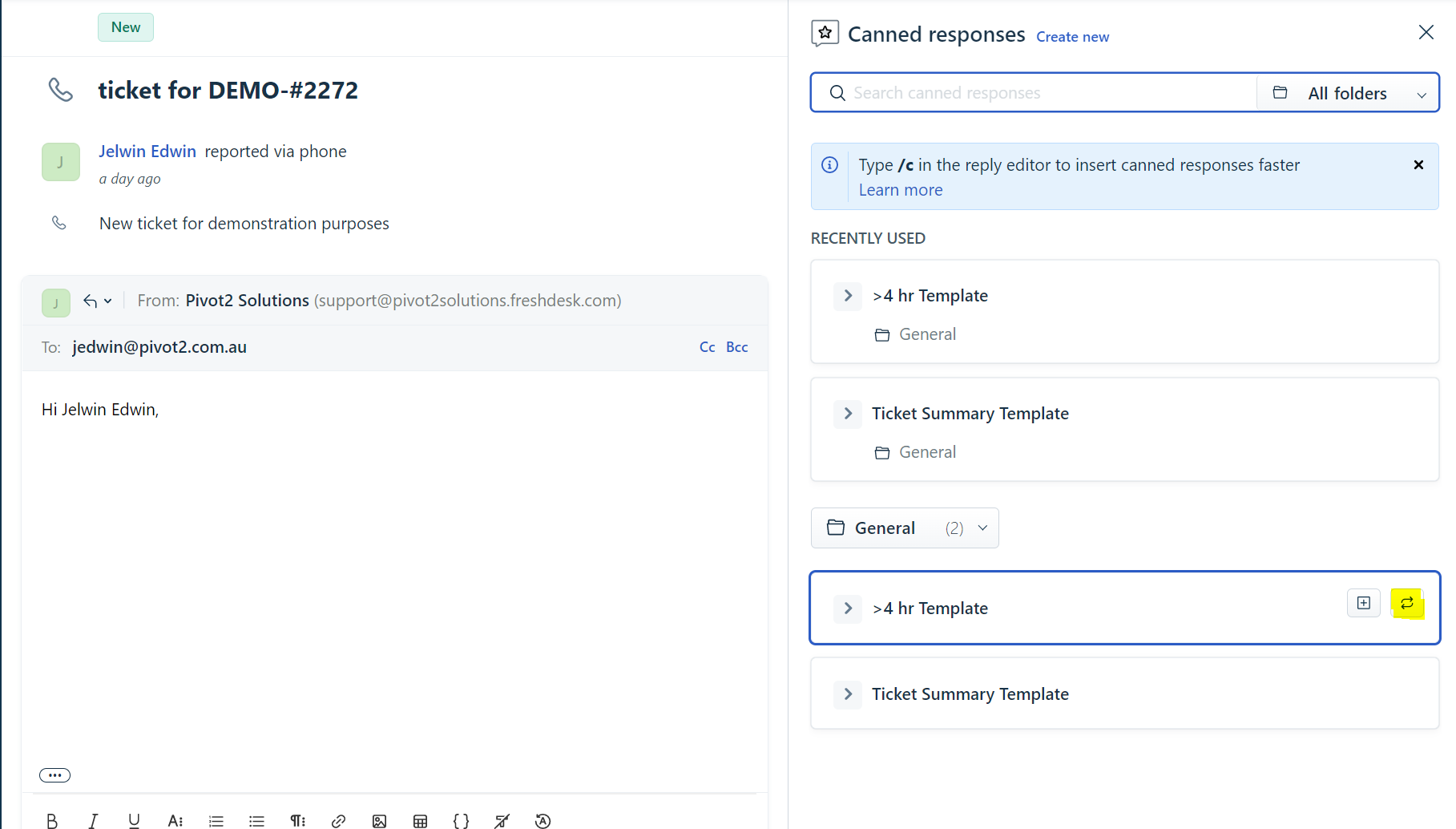 Freshdesk Tickets Inserting Canned Responses Pivot2 Solutions