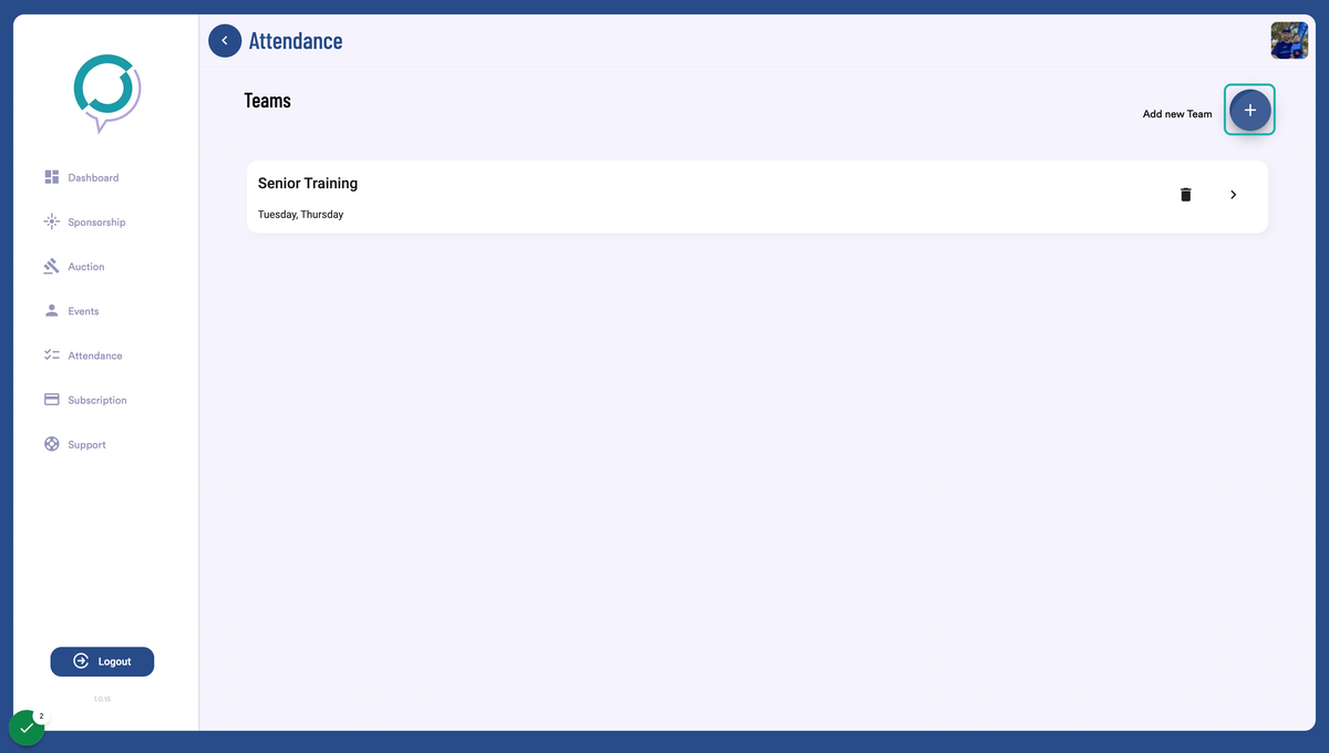 Click on + to add a new team or attendance log