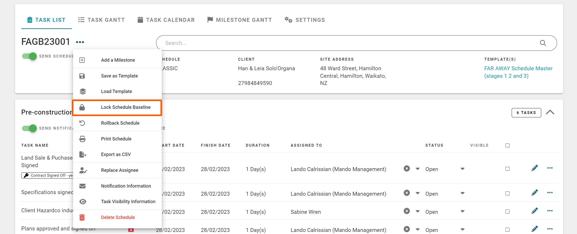 The Schedule Action DropDown in ‘Classic’ Scheduling Rave Help