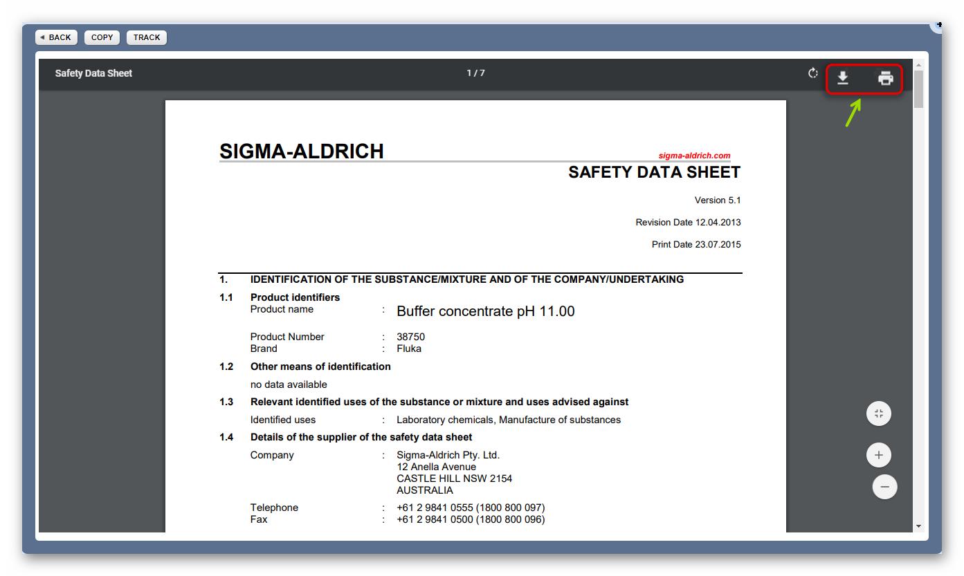 A computer screen shot of a safety data sheet
Description automatically generated