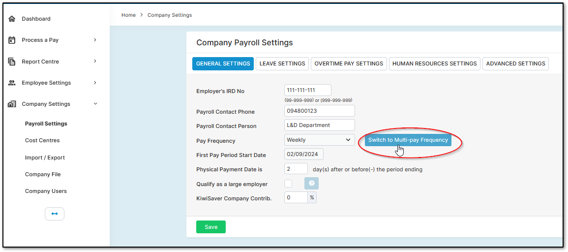 Screenshot of Multi-pay Frequency settings