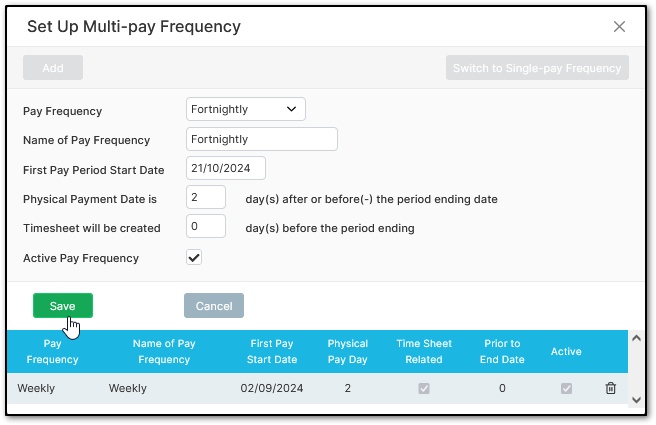 Screenshot of Active Pay Frequency settings