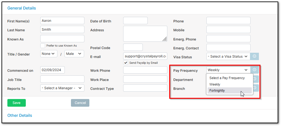 Screenshot of Pay Frequency assignment