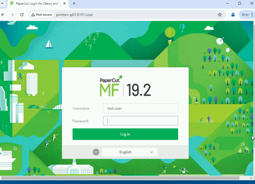 PaperCut Login for Clancy ane X + C Not secure printsrv-p01:9191/user Username Password o x Error • F 19.2 test.user Login English 