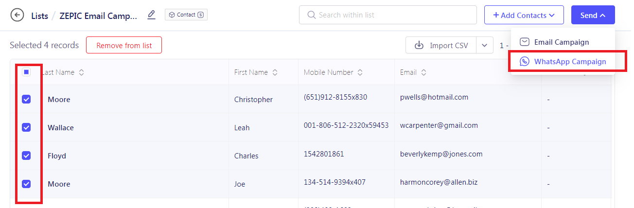 Select the contacts you want to target for your Whatsapp Campaign