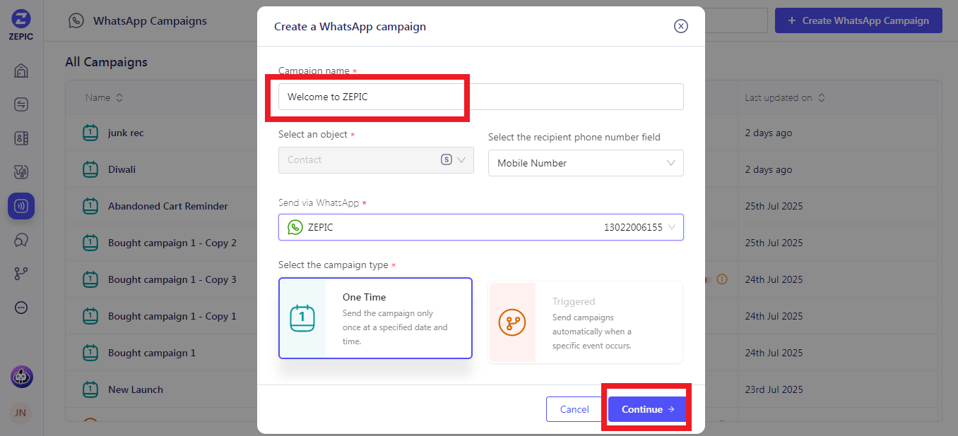 Name Your WhatsApp Campaign and Select The Recurrence