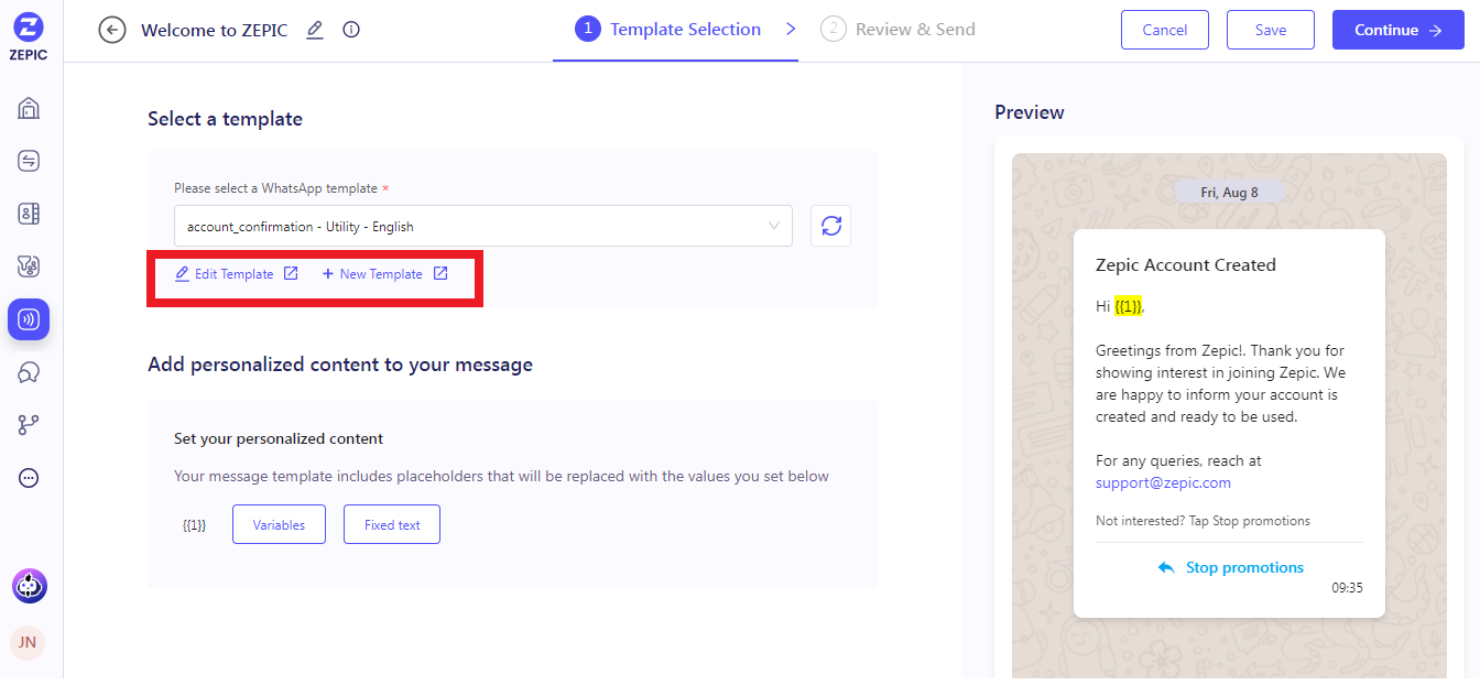 Select the WhatsApp Campaign Template and Craft Your Message - Step 2
