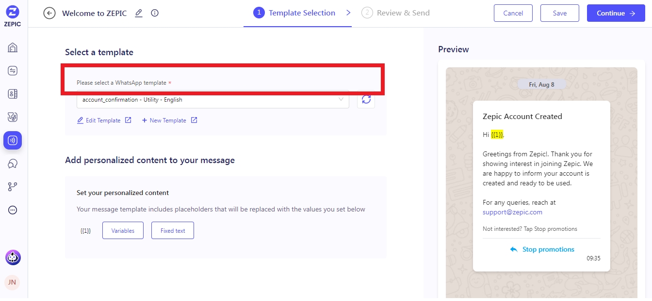 Select the WhatsApp Campaign Template and Craft Your Message