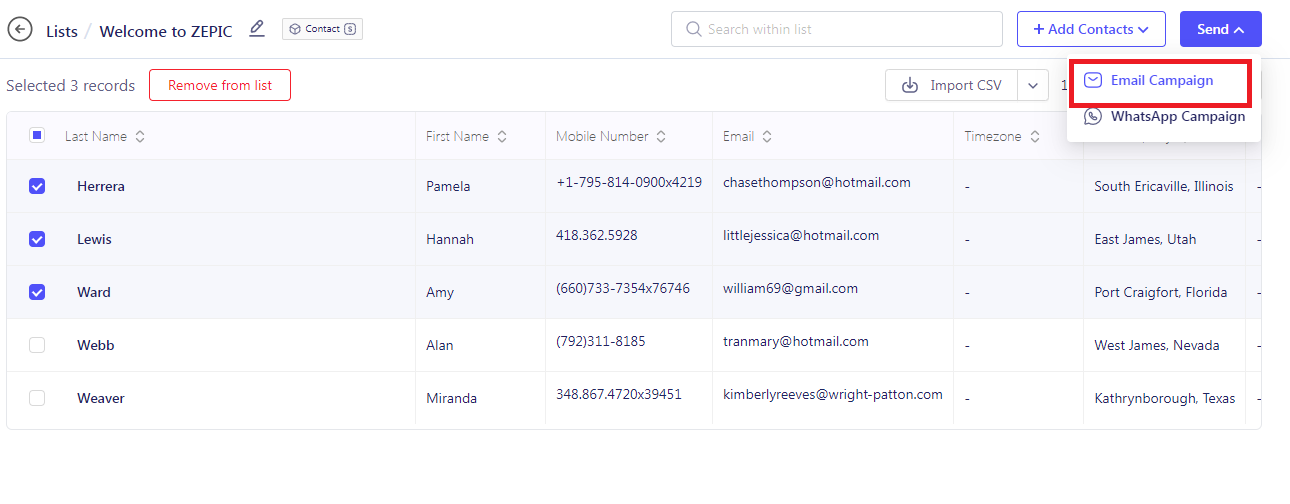 Select Contacts from List for Email Campaign