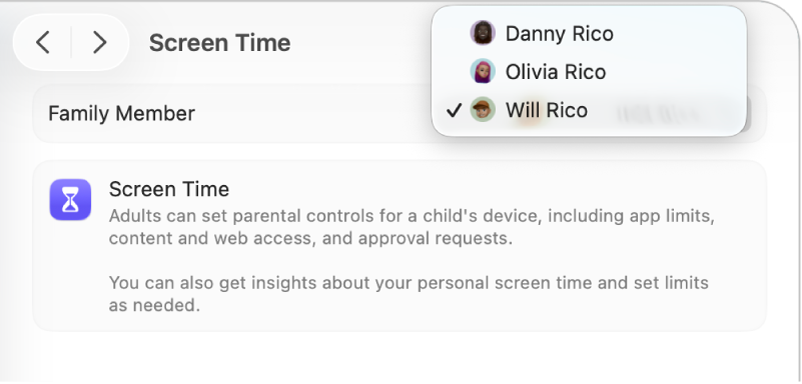 Screen Time settings with a child chosen from the Family Member pop-up menu.
