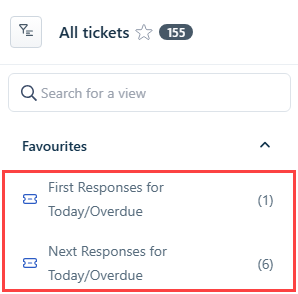 All tickets {} 155 Search for a view Favourites 1 First Responses for Today/Overdue (1) Next Responses for Today/Overdue (6) 