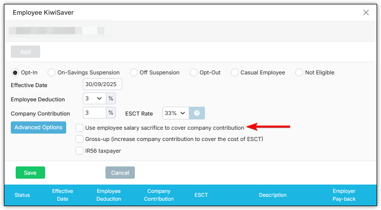 Employee KiwiSaver advanced options screenshot