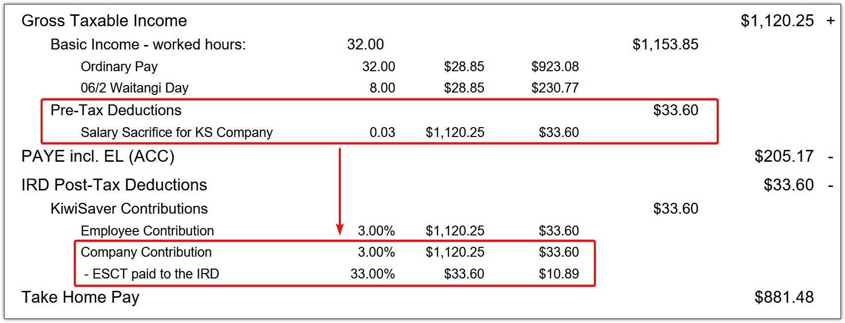 Pre-tax deduction example screenshot