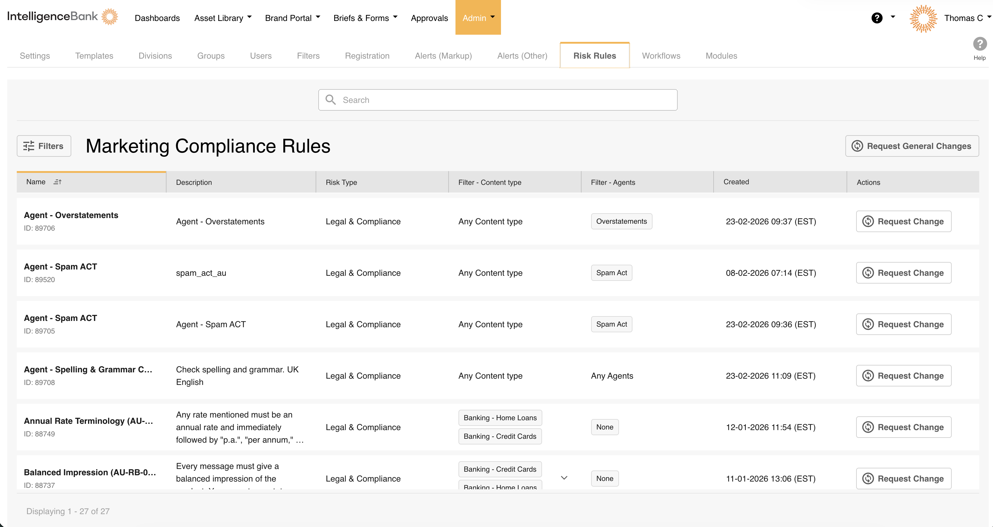 IntelligenceBank top navigation bar with the Admin dropdown open and Risk Rules highlighted