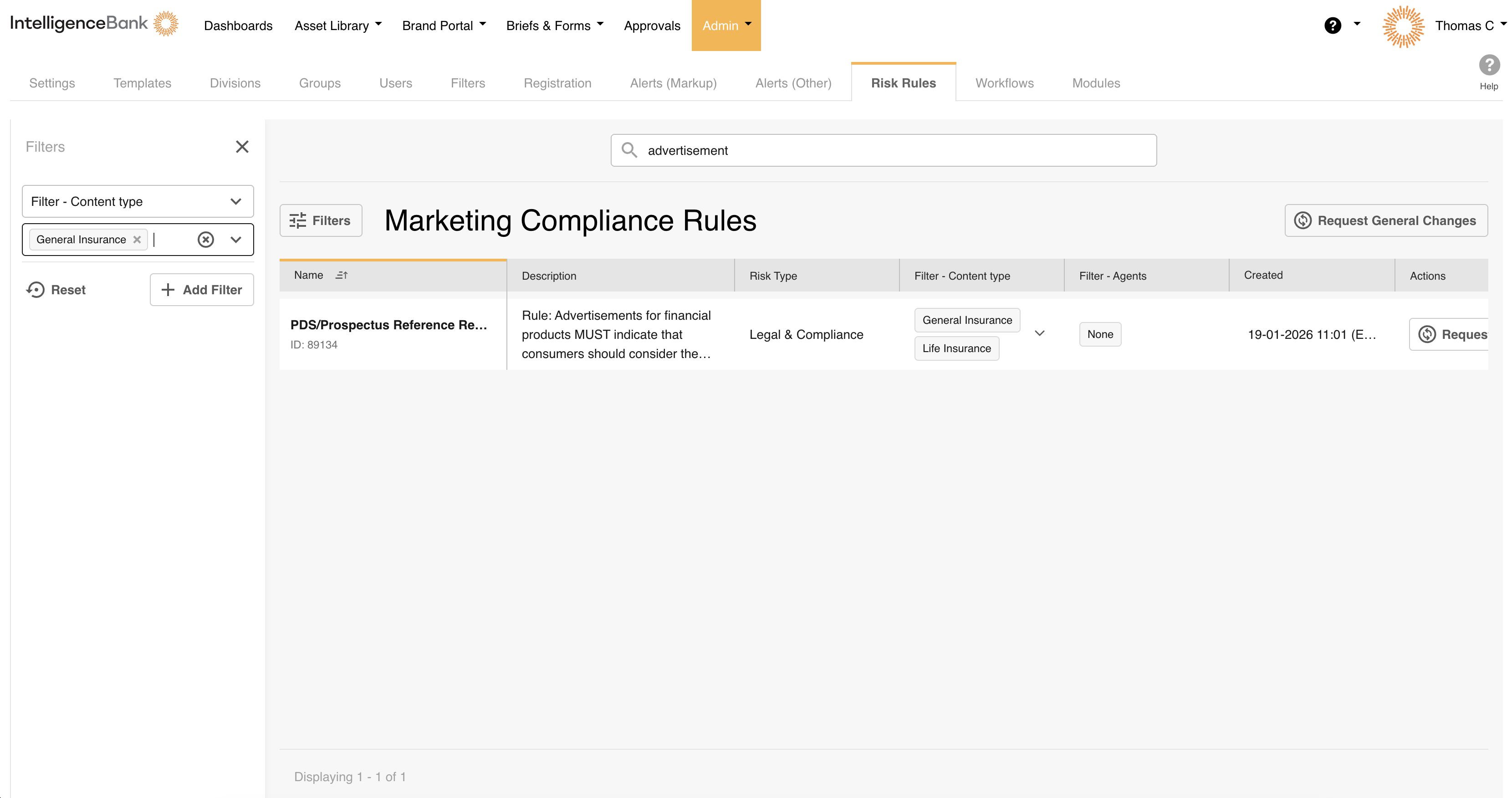 The filter panel open alongside the rule table, with a Risk Type and Risk Category value selected and the table showing filtered results