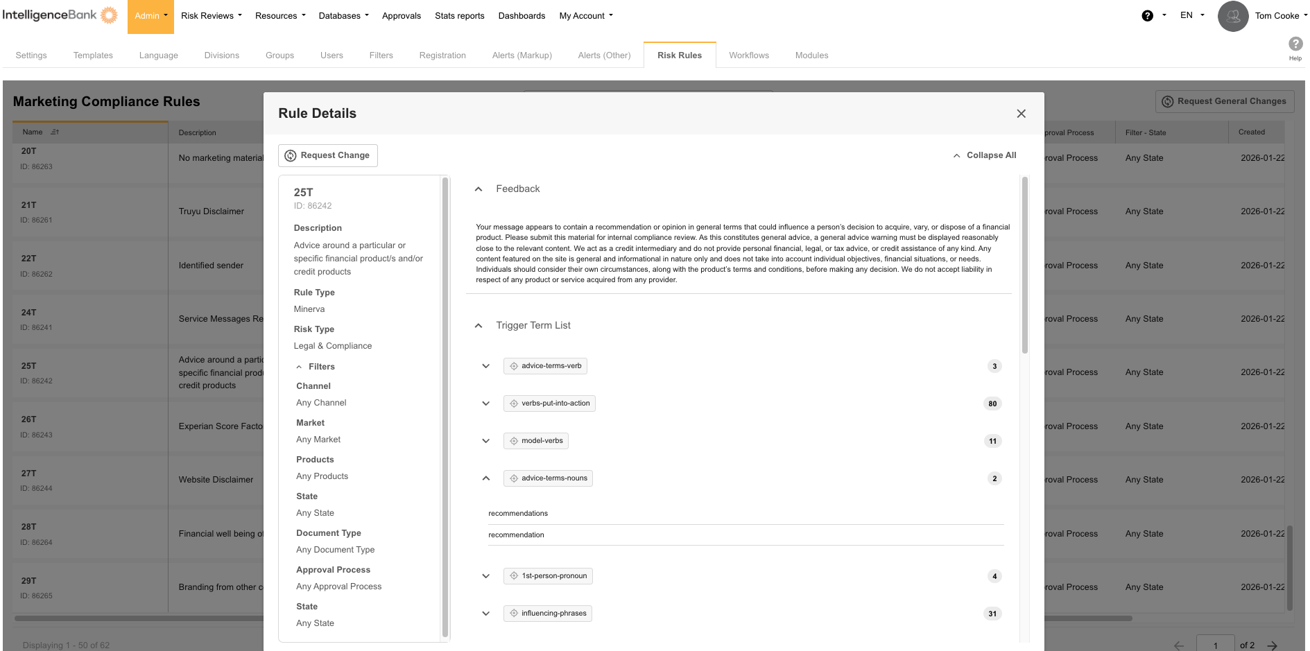 The rule detail panel showing all sections including Feedback, Trigger Term List, Exception Term List, Disclaimers, and Filters