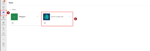 6 
Teams 
Activity 
Chat 
V Teams 
1 
Teams 
Mancel College Staff 
- 
ITSupport 
... 
... 
2 
D 
Assignments 
IE: 
Calendar 
Calls 
0 
OneDrive 
... 
+ 
Apps 