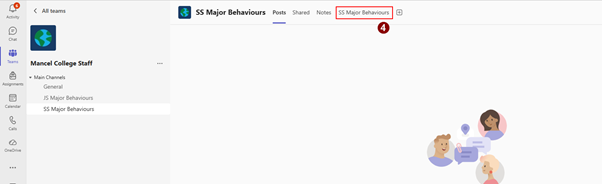 < All teams 
SS Major Behaviours Posts Shared Notes 
SS Major Behaviours 
Activity 
4 
Chat 
Teams 
Mancel College Staff 
. Main Channels 
D 
Assignments 
General 
JS Major Behaviours 
Calendar 
SS Major Behaviours 
R 
"alls 
OneDrive 
... 