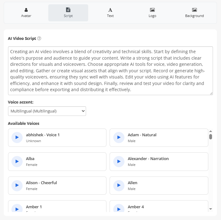 Voice selection for AI video