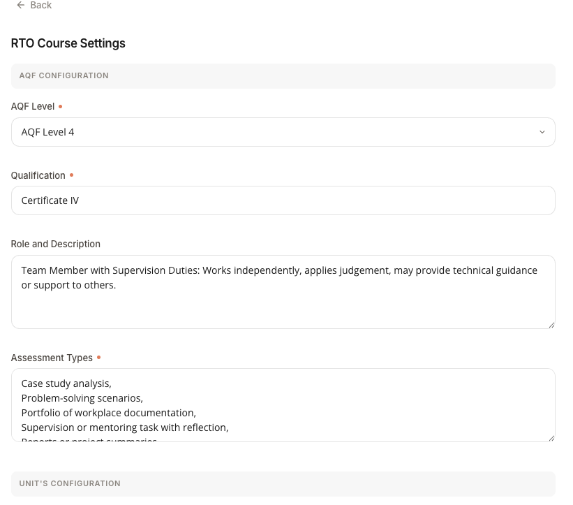 AQF Configuration section with AQF Level, Qualification, Role and Description, and Assessment Types