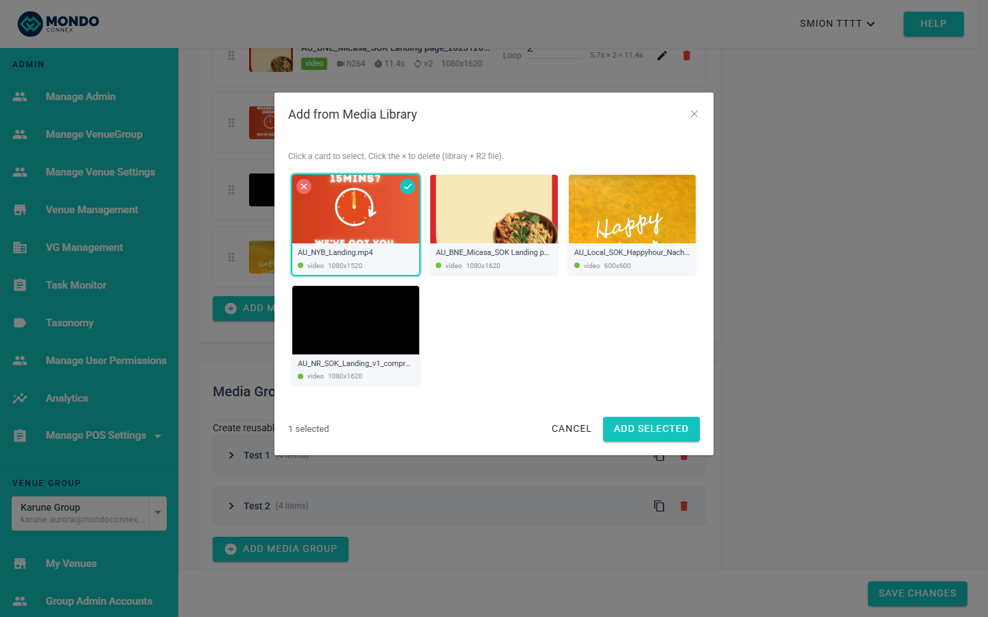 Library picker with a card selected