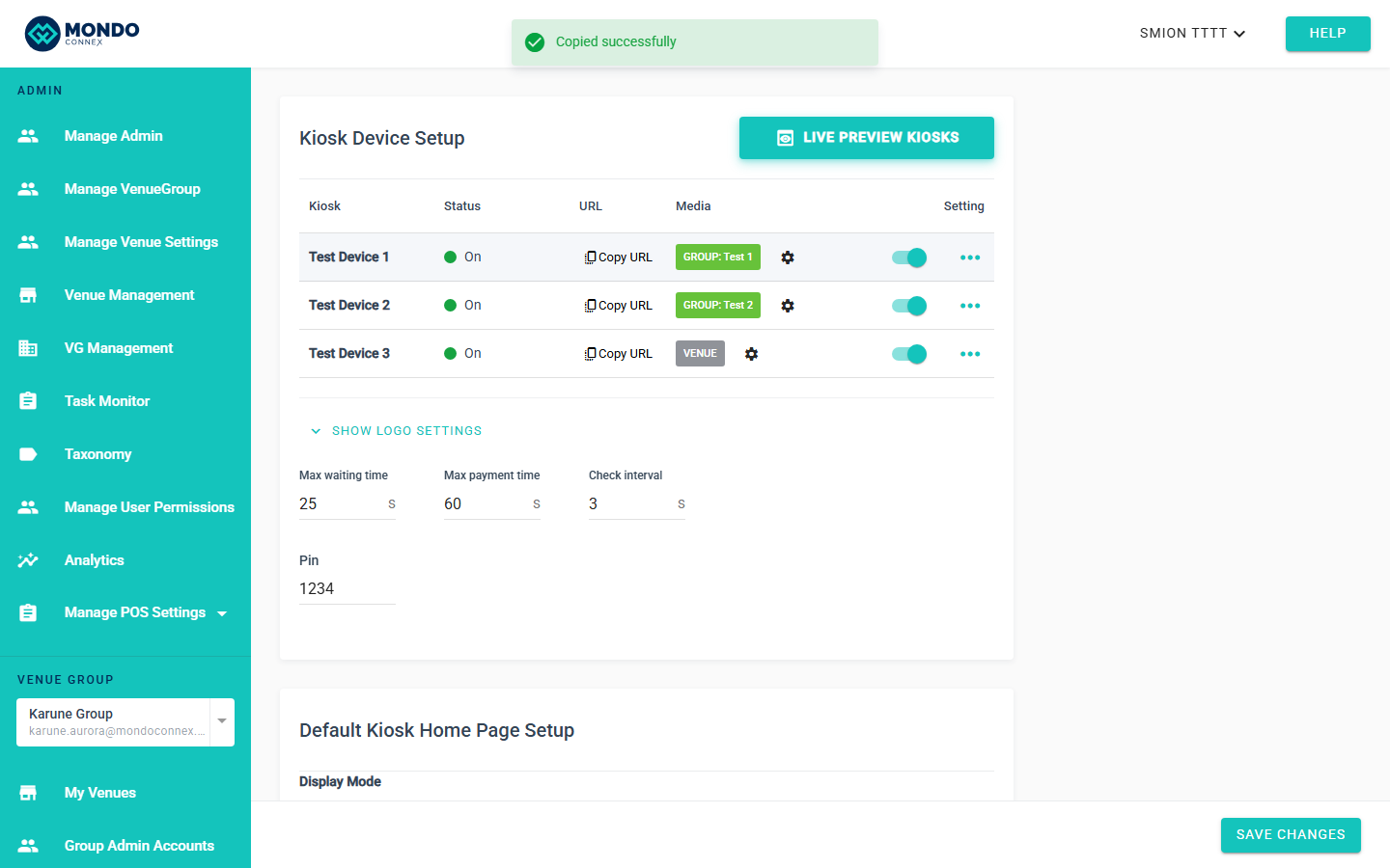 Full device table — Test Device 1/2/3 with GROUP: Test 1 / GROUP: Test 2 / VENUE badges