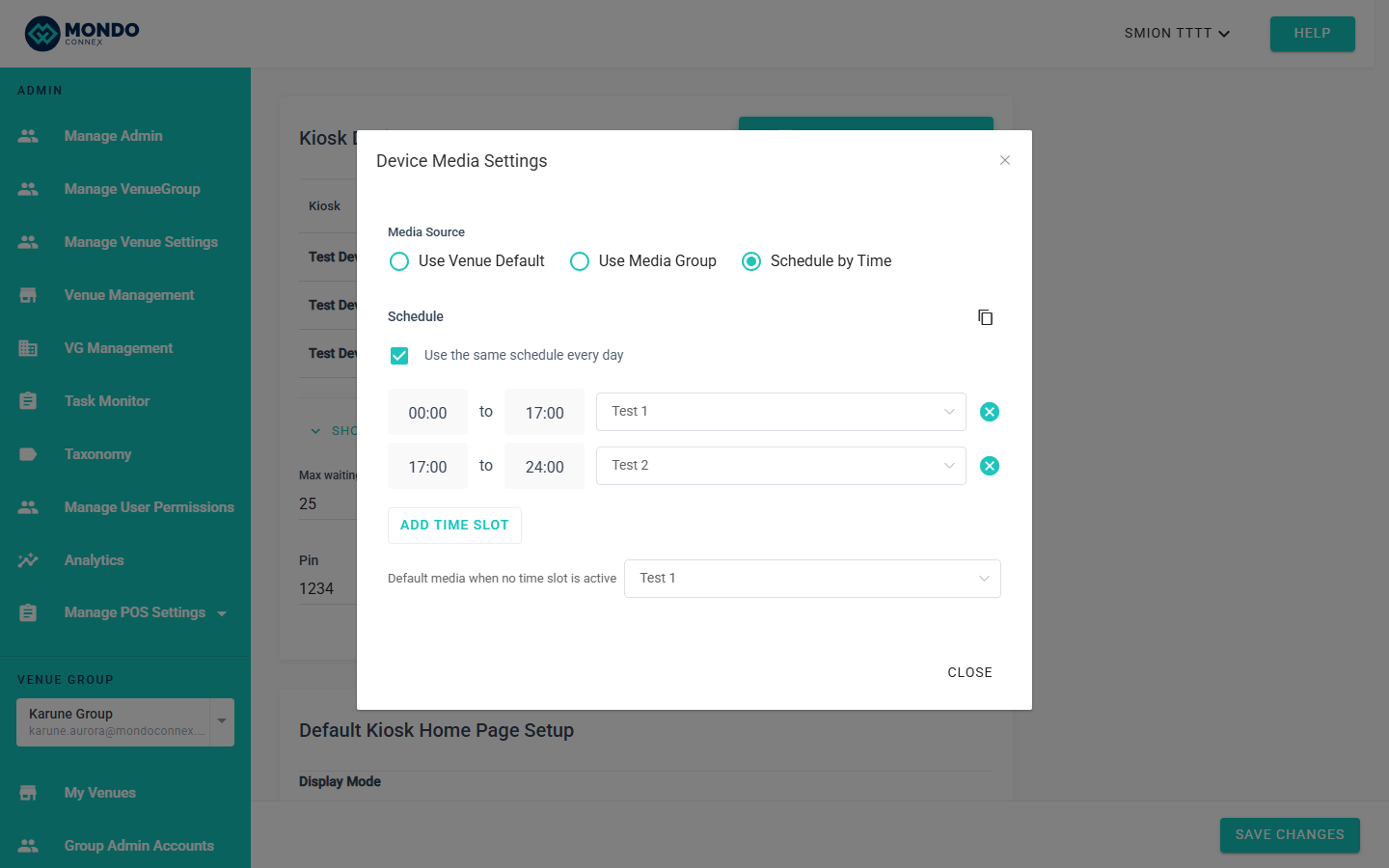 Device Media Settings dialog with Schedule by Time selected, two time slots (00:00–17:00 → Test 1, 17:00–24:00 → Test 2), Add Time Slot button, Default media picker